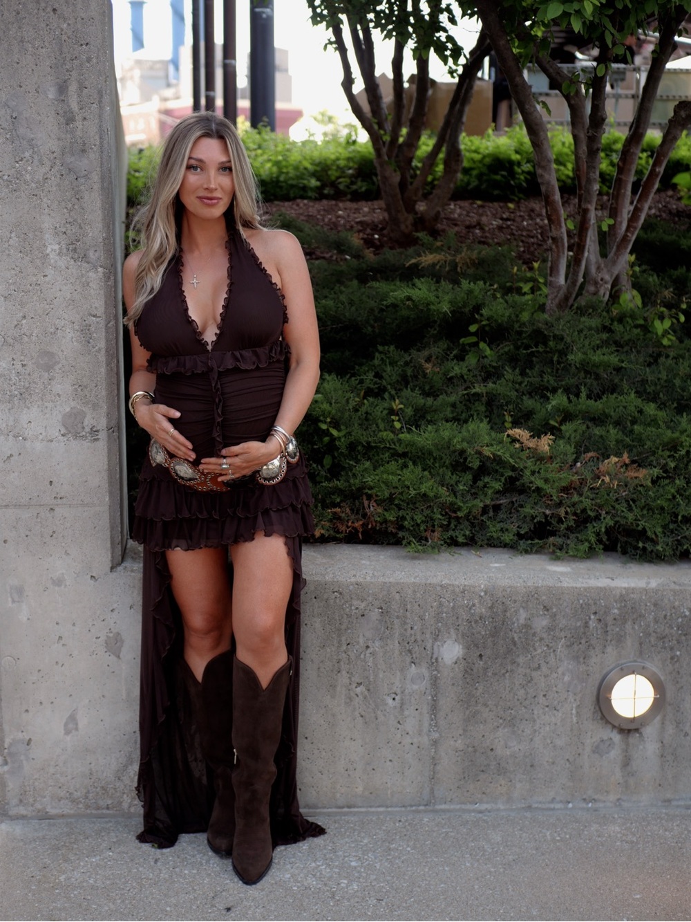 Brown Ruffled High-Low Halter Dress
